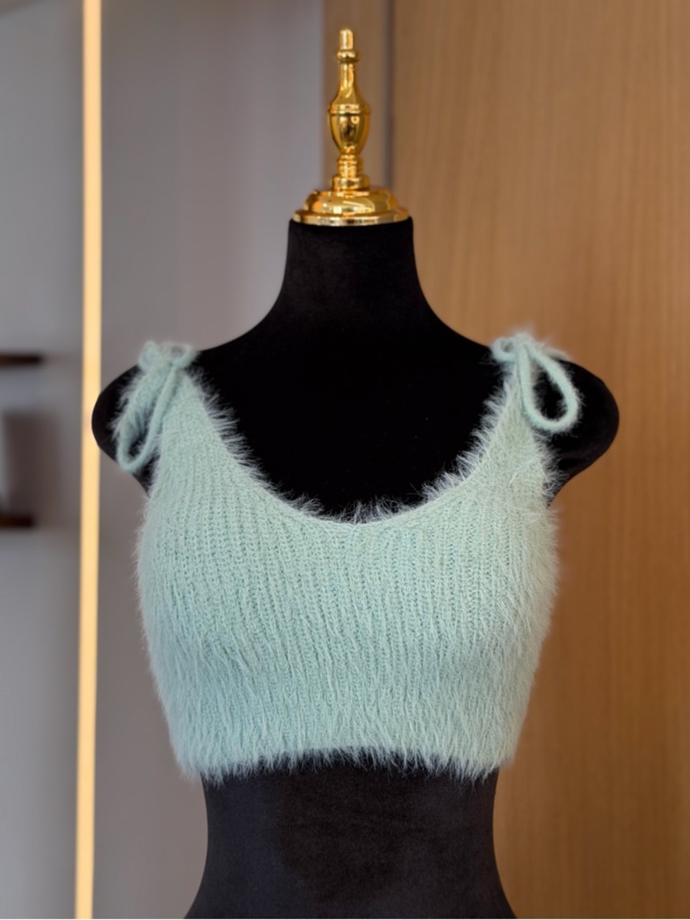 Zara Mint Fuzzy Knit Tie Strap Crop Top | Soft Muse